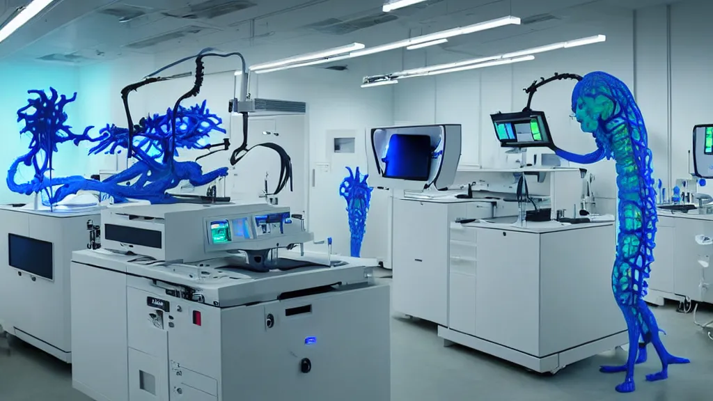 Image similar to a complex bifurcated surgical arm hybrid mri 3 d printer machine making colorful mutant forms with control panels in the laboratory inspection room, film still from the movie directed by denis villeneuve with art direction by salvador dali, wide lens