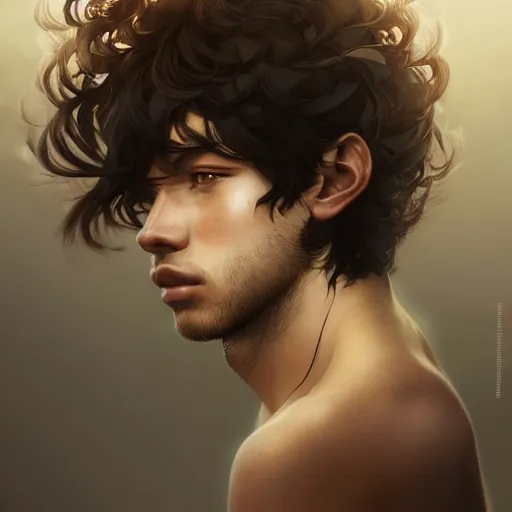 Image similar to Portrait of man with Tousled Curls type hair and Brown Indonesian-type skin, atmospheric lighting, intricate detail, cgsociety, ambient light, dynamic lighting, anime style by Yusuke Kozaki