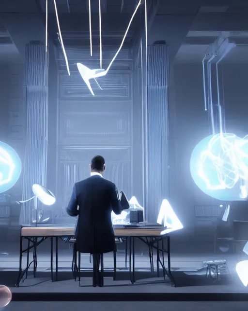 Prompt: a man in a suit and tie sitting at a desk, a screenshot by ash thorp and by philippe bouchet and by benoit mandelbrotand by thomas sanchezand by salvador trakal, polycount, video art, aftereffects, playstation 5 screenshot, criterion collection