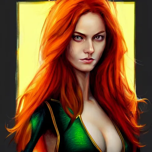 Prompt: jean grey, a half body of jean grey, green eyes, comic, x - men, highly detailed, artstation, symetry, digital painting, vivid colors, realistic shaded perfect face, soft lighting, atmospheric, cinematic, moody, in the style of jim lee, oil on canvas, 8 k