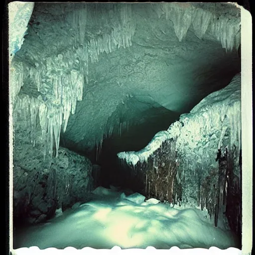 Prompt: a dark glacier cave with a low ceiling, small stream of water, icicles, deep, dark, creepy, eerie, unsettling, terrifying, old polaroid, expired film, deep, rough water,