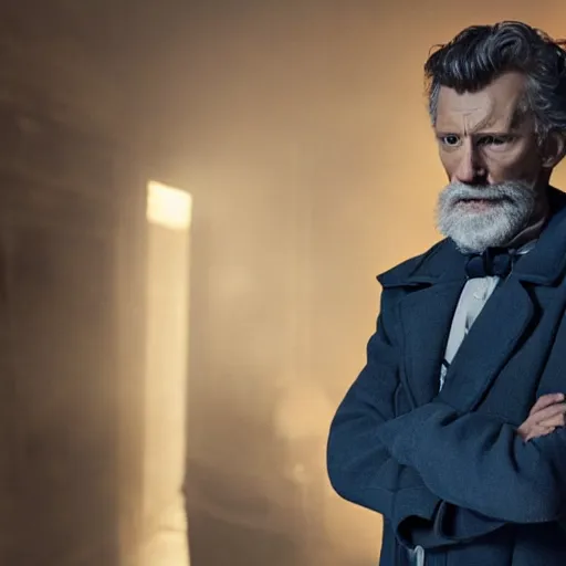 Image similar to tom holland as a rough dirty old man with a scruffy beard in a dark blue trenchcoat as the new doctor who, cinematic, volumetric lighting, f 8 aperture, cinematic eastman 5 3 8 4 film, photorealistic