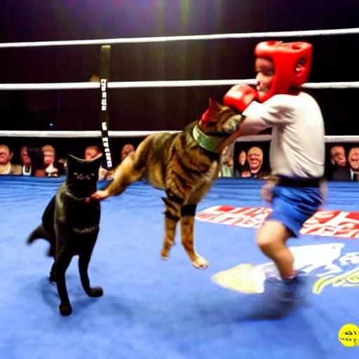 Image similar to a dog winning a boxing match against a cat