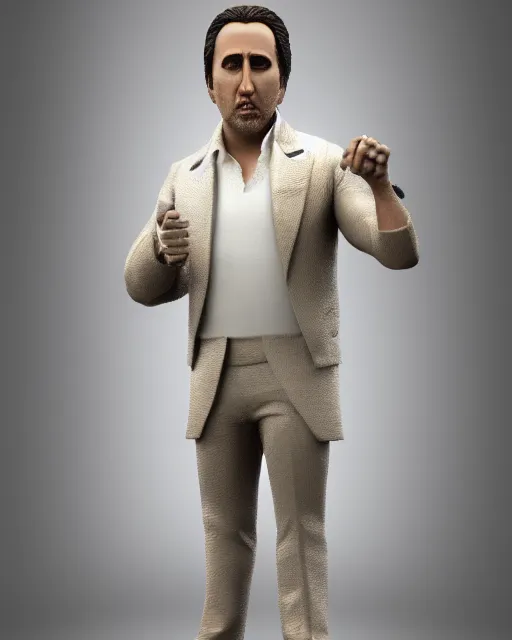 Image similar to full body 3d render of Nicolas Cage as a bobble head, studio lighting, white background, blender, trending on artstation, 8k, highly detailed , intricate details