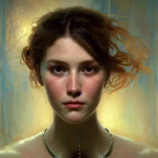 Prompt: hyperrealist portrait of a pretty young female robot with large sad eyes standing in front of a computer simulation by jeremy mann and alphonse mucha, fantasy art, photo realistic, dynamic lighting, artstation, poster, volumetric lighting, very detailed faces, award winning, full face, symmetry