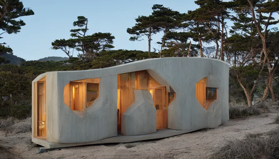 Image similar to An architectural rending of an eco-community of contemporary 3D printed sea ranch style cabins with rounded corners and angles, beveled edges, made of cement and concrete, organic architecture, on the California coastline with side walks, parks and public space , Designed by Gucci and Wes Anderson, golden hour