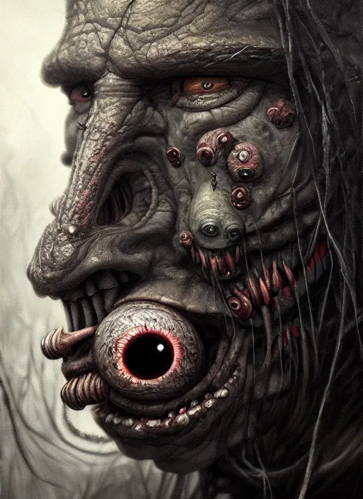 Image similar to close up portrait of a monster in the sinister valley of despair, one mouth, one nose, two eyes, oil painting by tomasz jedruszek, cinematic lighting, pen and ink, intricate line, hd, 4 k, million of likes, trending on artstation