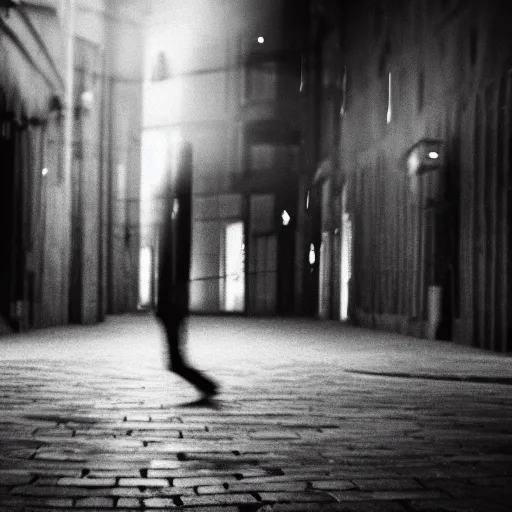 Image similar to an abstract photograph of a lonely male shadowy figure, there is a dark street with lanterns reflected on the ground, everything is underwater, motion blur, 35 mm, black-and-white