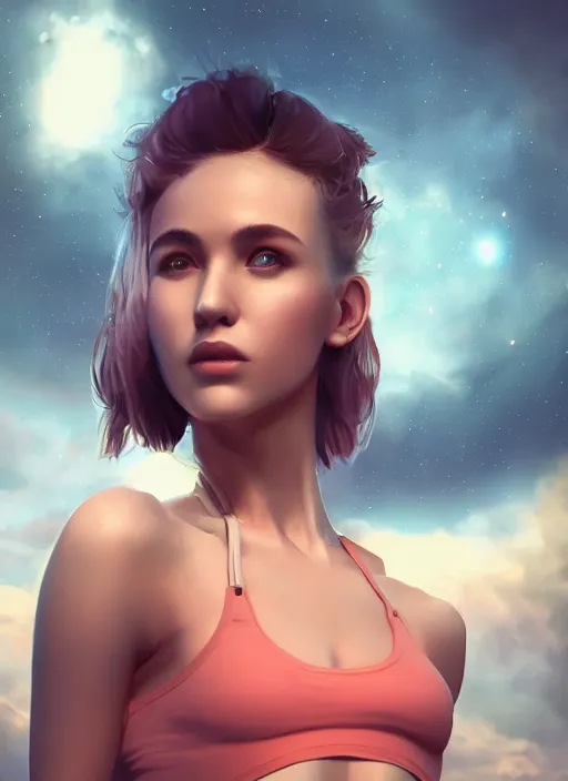 Prompt: a girl on a spaceship, beautiful girl model, detailed crop top, detailed torso, by artgerm, by wlop, portrait shoot, octane render