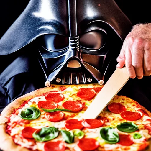 Image similar to trump making a pizza, modeling as darth vader in star wars, ( eos 5 ds r, iso 1 0 0, f / 8, 1 / 1 2 5, 8 4 mm, postprocessed, crisp face, facial features )