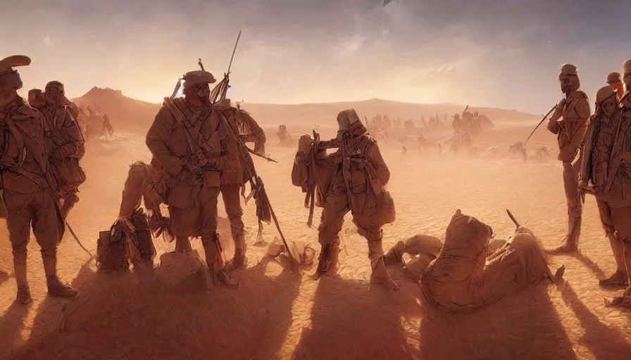 Image similar to beautiful digital painting of a group of barley surviving soldiers in a trench waiting for the war to end, in the sahara desert. cinematic lighting, atmospheric, concept art by artgerm and greg rutkowski,,