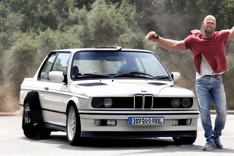 Prompt: Angry Jason Statham lifts BMW e30 that sits above him