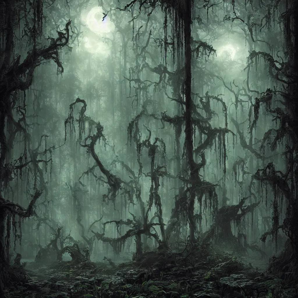 Prompt: a dark lush enchanted swamp forest at dusk, upward cinematic angle, evil atmosphere, by Michael Kaluta, P. Craig Russell and Andreas Rocha, eerie moonlight, beautiful composition, intricate, elegant, digital art, detailed, mixed media painting, hyperrealistic, sharp focus, 8k