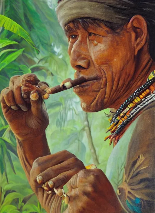 Prompt: a beautiful painting of an indigenous man taking tobacco snuff in the amazonian jungle , fantasy art, matte painting, highly detailed