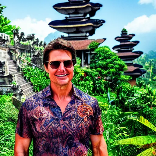 Prompt: a photo of tom cruise wearing batik bali when holiday in bali. blurred temple background. front view. award winning photography.