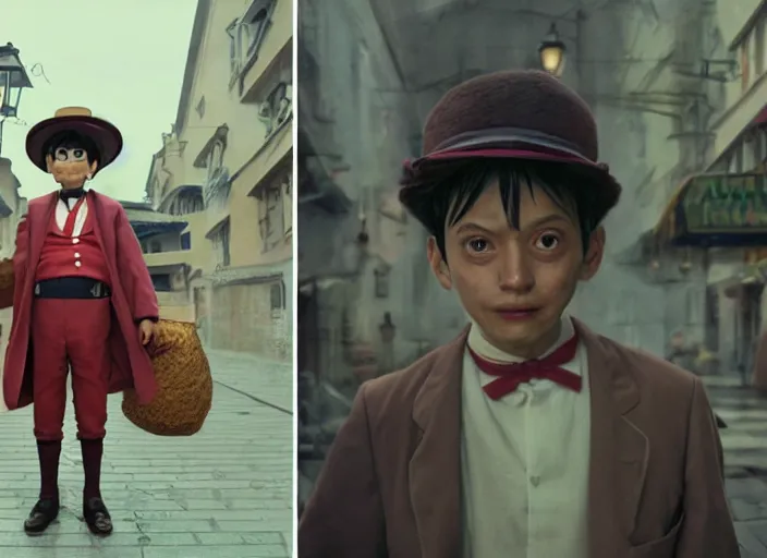 Prompt: a film still of cosplay of luffy in the grand budapest hotel ( 2 0 1 4 ), artwork by craig mullins, octane, unreal, trending on art station