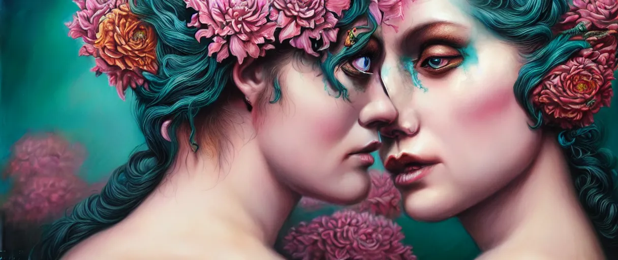Prompt: hyperrealistic hyper detailed neo-surreal close-up side portrait of gorgeous woman covered in rococo flower tattoos matte painting concept art hannah yata very dramatic dark teal lighting low angle hd 8k sharp 35mm shallow depth of field