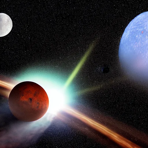 Image similar to planet mars colliding with planet earth creating a huge crater spitting out debris to space and several small asteroids start flying around in space, stars in the background, moon is visible, sun is not visible