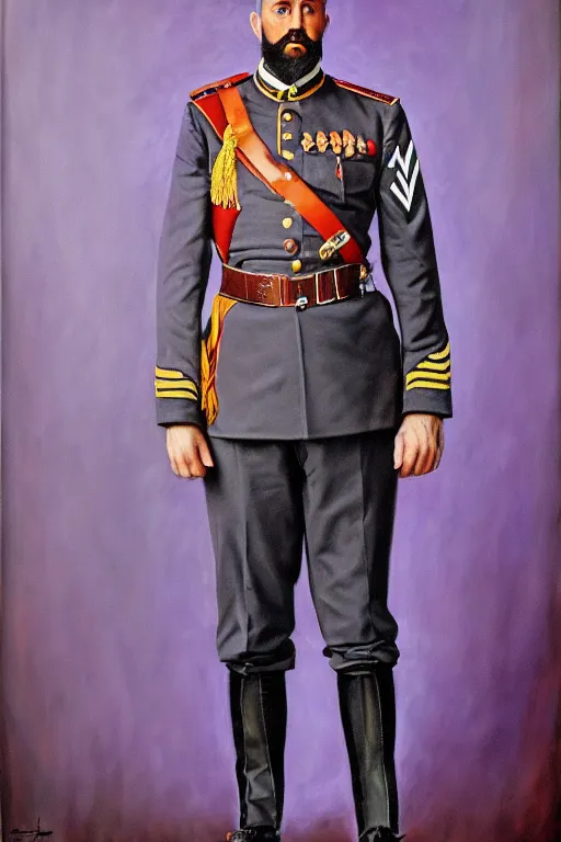 Image similar to full body portrait of the dictator of the sacramento kings, 1 8 8 9, in full military garb, purple, silver, oil on canvas by william sidney mount, trending on artstation