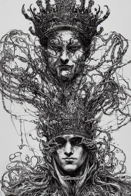 Image similar to portrait The King of Fools, With a Jesters crown, Wings lift him up, Roots hold him down, pen and ink, intricate line drawings, by Yoshitaka Amano, Ruan Jia, Kentaro Miura, Artgerm, watercolor