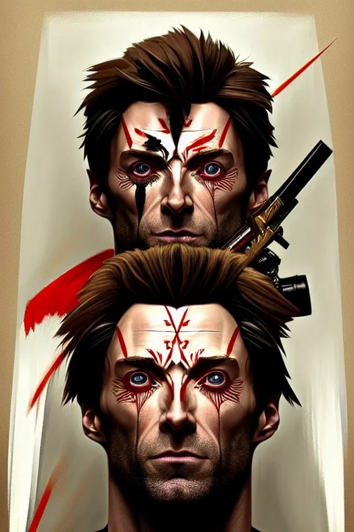 Image similar to symmetry!! portrait of hugh jackman in the boys in the style of god of war, machine parts embedded into face, intricate, elegant, highly detailed, digital painting, artstation, concept art, smooth, sharp focus, illustration, art by artgerm and greg rutkowski and alphonse mucha, 8 k