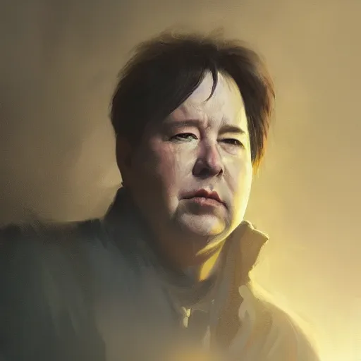 Prompt: closeup portrait of bill hicks, dramatic lighting, city background, chiaroscuro, high detail, painted by greg rutkowski, painted by igor kieryluk, painted by bobby chiu, trending on artstation