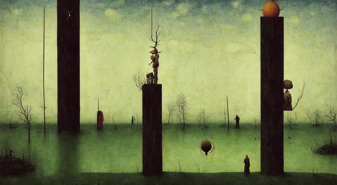 Image similar to single flooded wooden pole, very coherent and colorful high contrast masterpiece by franz sedlacek hieronymus bosch dean ellis simon stalenhag rene magritte gediminas pranckevicius, dark shadows, sunny day, hard lighting