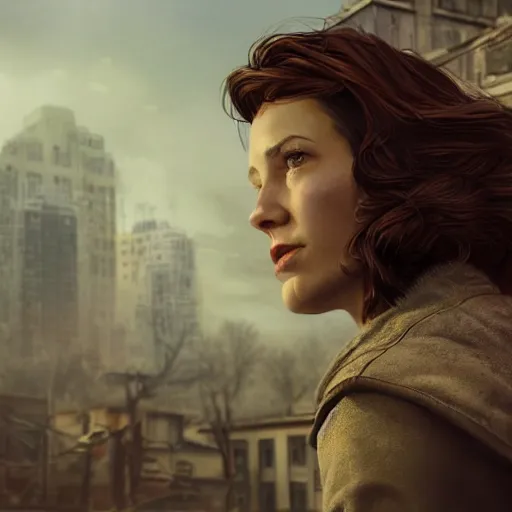 Image similar to fallout 5, charismatic beautiful rugged brunette female protagonist, portrait, outdoors ruined cityscape, atmospheric lighting, painted, intricate, volumetric lighting, beautiful, daytime, sunny, slight overcast weather, sharp focus, deep colours, ultra detailed, by leesha hannigan, ross tran, thierry doizon, kai carpenter, ignacio fernandez rios