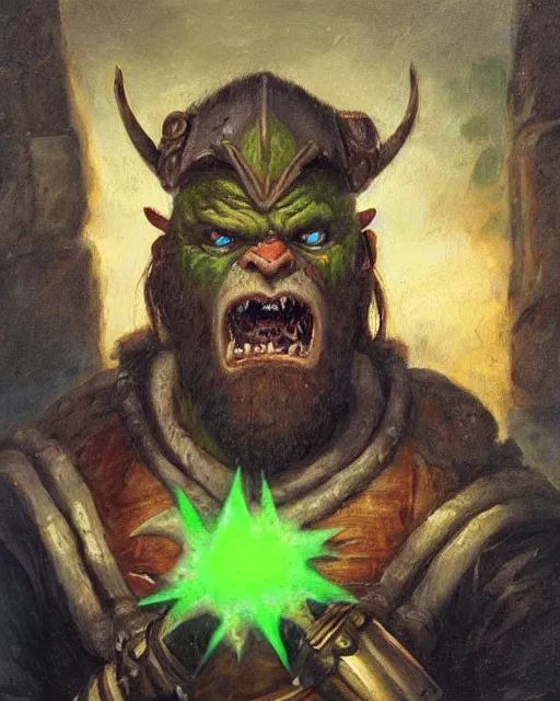 Image similar to a renaissance style portrait painting of a world of warcraft orc, garrosh hellscream, holding green fire. top left warm lighting