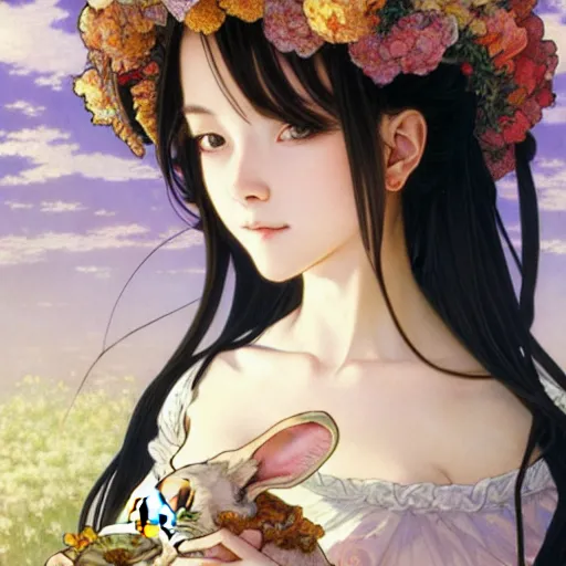 Prompt: a masterpiece ultrarealistic ultradetailed anime portrait of beautiful anime girl in bunny costume baroque renaissance. medium shot, intricate, elegant, by stanley artgerm lau, wlop, alphonse mucha, rossdraws, andrei riabovitchev, yoshitaka amano. in style of hayao miyazaki. flower background my james jeand and takashi murakami.