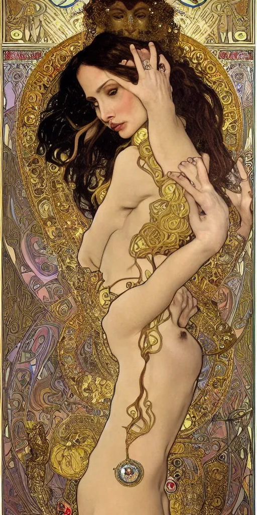 Image similar to realistic detailed dramatic portrait of Anglina Jolie as Salome dancing, wearing an elaborate jeweled gown, by Alphonse Mucha and Gustav Klimt, gilded details, intricate spirals, coiled realistic serpents, Neo-Gothic, gothic, Art Nouveau, ornate medieval religious icon, long dark flowing hair spreading around her