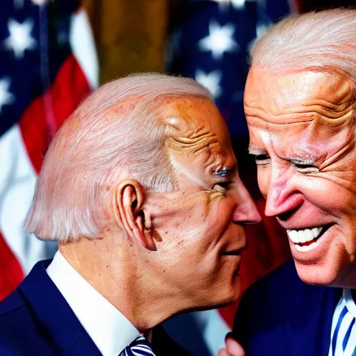 Prompt: joe biden kissing joe biden's forehead, lovely, ultrarealistic