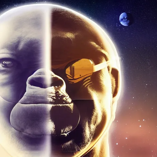 Image similar to double exposure portrait split in the middle, showcasing one astronaut and one chimpanzee in a suit posing with space in the background, pencil art, high definition, dynamic lighting stars, sharpness, golden ratio