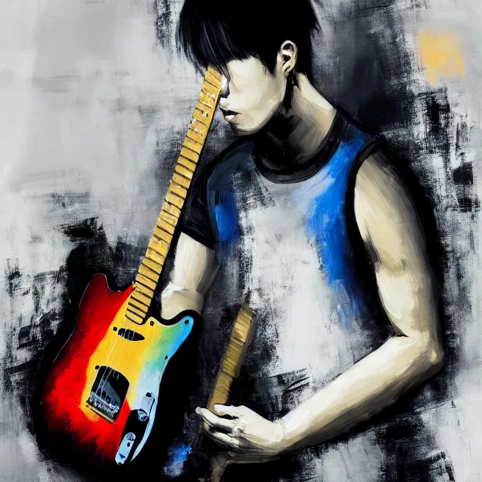 Image similar to large diagonal brush strokes, abstract dark painting of a young korean male musician wearing black tank top holding a telecaster!!! electric guitar!! in a dark room, thick flowing dramatic brush strokes, matte colors, abstract, impressionist, movement, trending on artstation