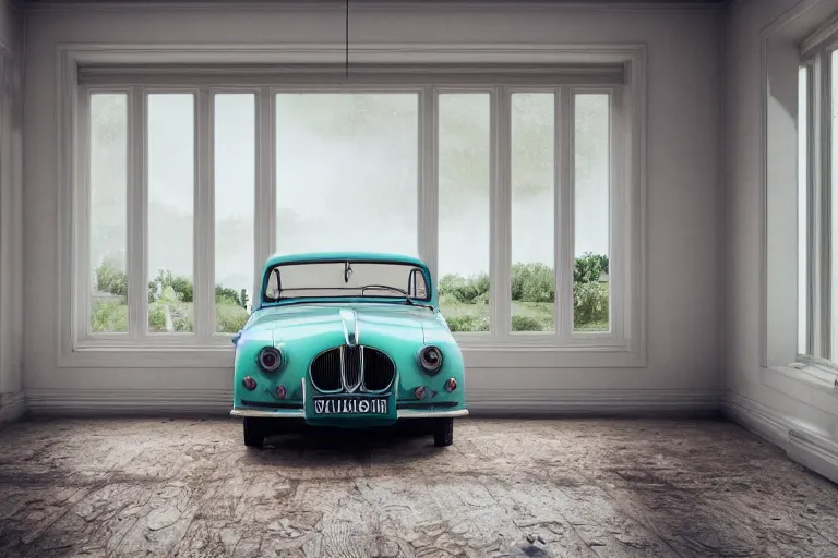 Prompt: environment, Victorian wood house, painted in teal, white windows, a precious Salix Babylonica, 1950 red Classy Jaguar parked around, moody lighting, afternoon time ,rule of thirds, 35mm, arch viz , Matte painting, octane render, 8k, corona render, movie concept art