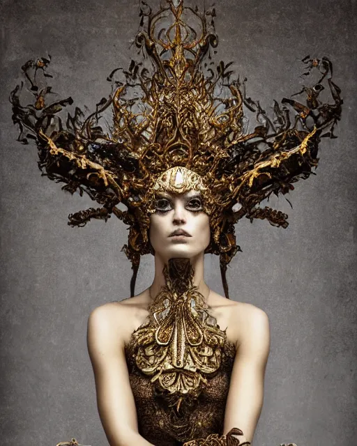 Prompt: a portrait of female by stefan geselle and nekro borja, photorealistic, intricate details, hyper realistic, fantasy, elegant, baroque metal gold headpiece, photorealistic, canon r 3, photography, wide shot, symmetrical features, wide angle shot, head to toe, standing pose, feet on the ground, wearable art