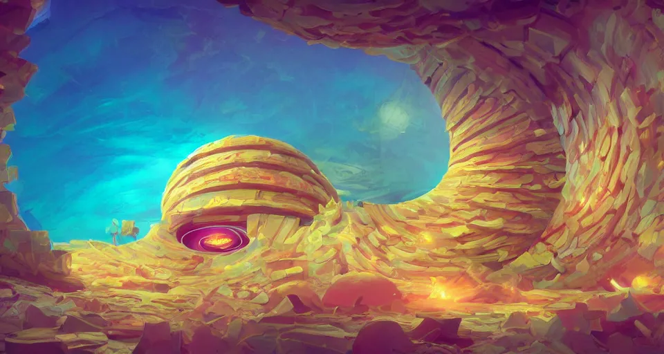 Image similar to digital painting of a tiny sacred spiral, procedural seashell house surrounded by dreamy coral, syd mead, cell shaded graphics, concept art, minimalist, golden ratio