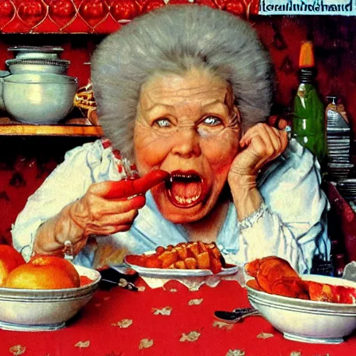 Image similar to hyper realistic hight detailed grandmother with a big mouth eating babies andivan shishkin on the table in the russian kitchen, by norman rockwell, bright colors, 4 k, 1 6 k, 3 2 k, photorealistic, cartoon style