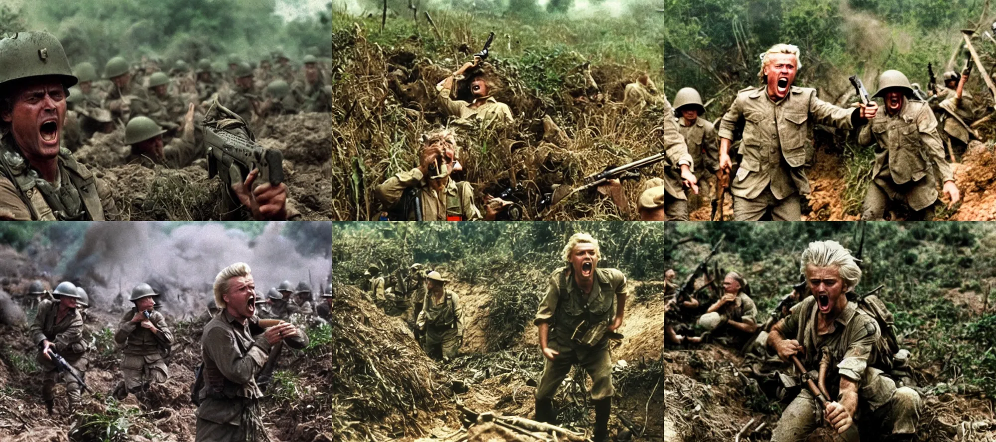 Prompt: Geert Wilders screaming in the trenches in the jungle explosions, Platoon 1986, cinémascope, epic ultrawide shot