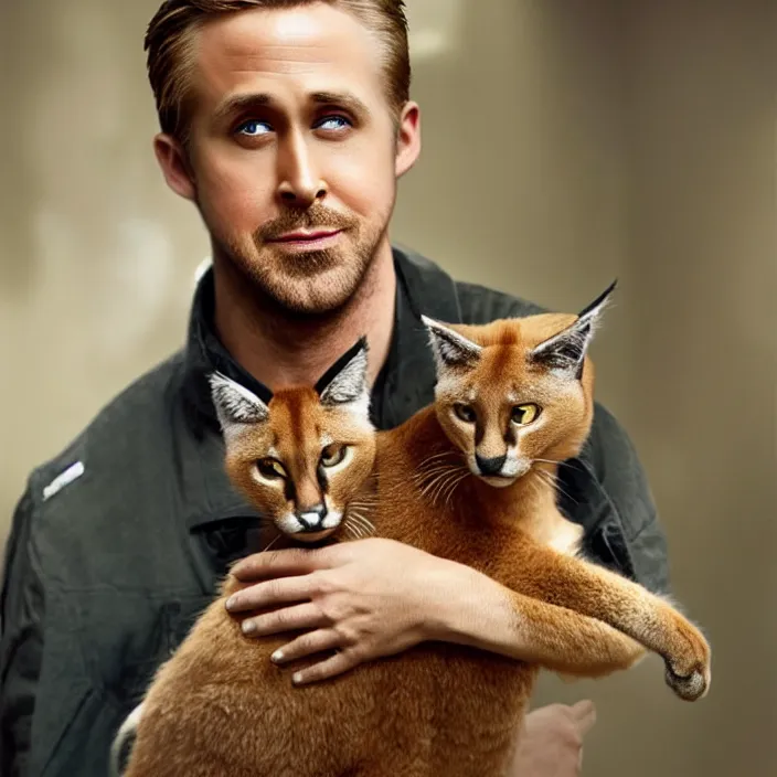 Image similar to Ryan Gosling holds a caracal cat in his hands, ultra highly detailed, smooth, sharp focus, elegant, artstation