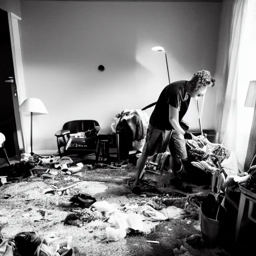 Image similar to photo of jordan peterson cleaning his messy room, 55mm photography, f/1.3