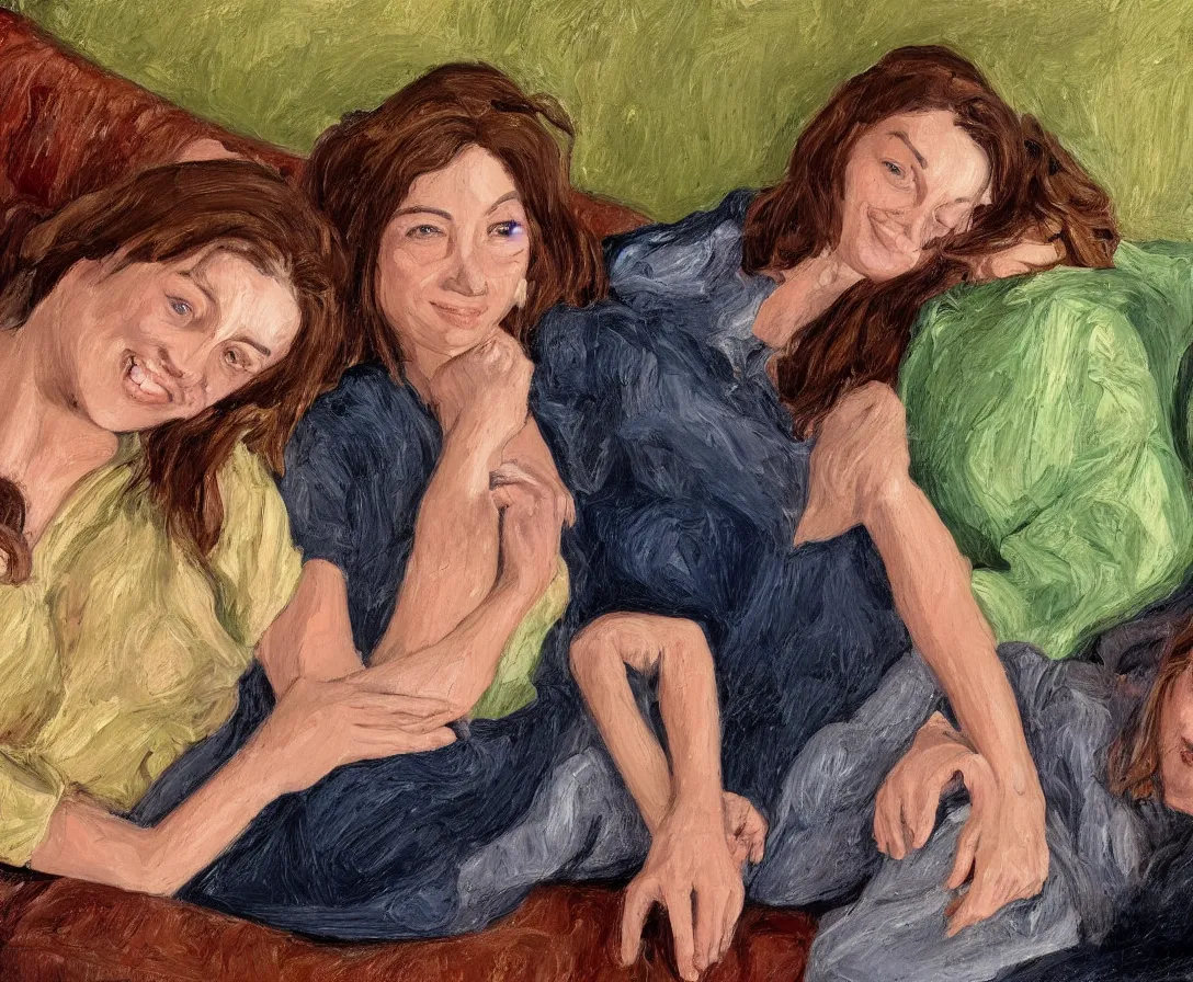 Image similar to portrait of pretty bella and esther with brown hair lying horizontal next to each other, in an old english apartment on a brown leather sofa. one is wearing a dark blue sweather, the other a white shirt. close up. in the style of lucien freud. oil painting. green light. thick colorful brush strokes. smiling