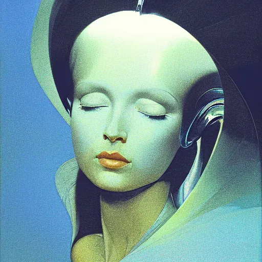 Prompt: a chrome woman's face in flowing sheets of cobalt blue gold chrome silver satin tpu, by moebius syd mead roger dean wojciech siudmak donato giancola yoshitaka amano ivan aivazovsky jan de heem pieter claesz paul delaroche alma tadema aelbert cuyp, hyperrealistic volumetric light render