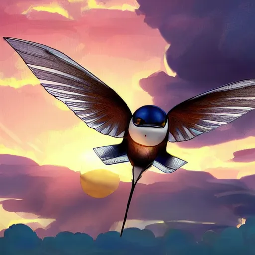 Prompt: a robot house martin flying in the sky, sunset, mechanical cute bird, shiny, fluffy clouds, beautiful digital art, pixiv