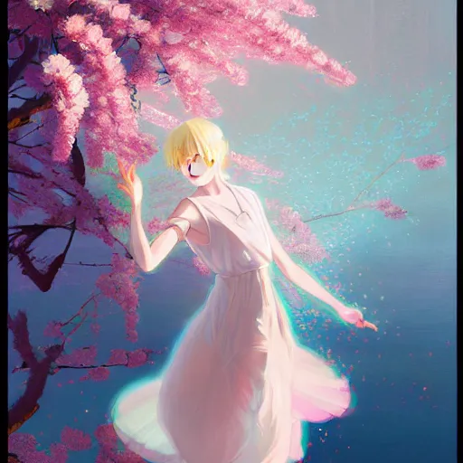 Prompt: harmony of sakura flowers, mute, neon light language, neon music notes ( portrait bts young man blonde jimin wearing a white dress dance ) by wlop, james jean, victo ngai, beautifully lit, muted colors, highly detailed, fantasy art by craig mullins, thomas kinkade