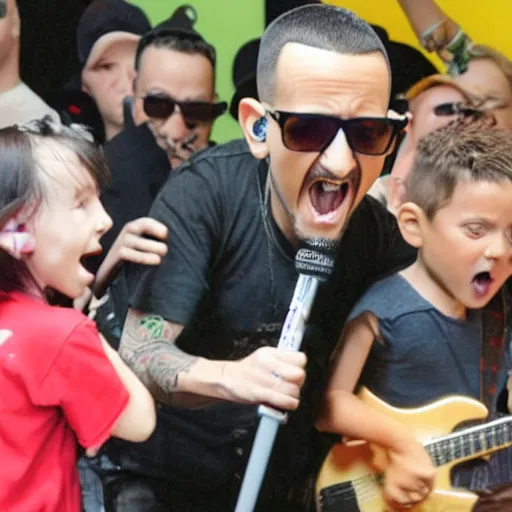 Prompt: Linkin Park Performing at a child's birthday party with children in the audience. Chester Bennington screams into the microphone, photograph