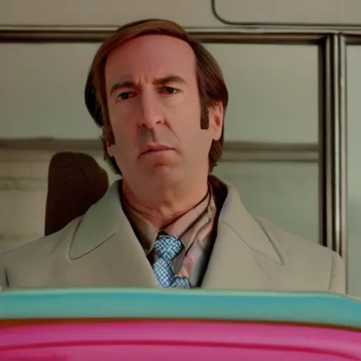 Prompt: Still frame from of Saul Goodman in a Wes Anderson movie, pastel colors