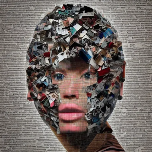 Image similar to a head-shaped chaotic collage made out of fragments of printed images taken from the internet, fashion magazines, and family photographs all coming together to form a hybrid face shape with twisted features in the Dadaesque style, mixed media