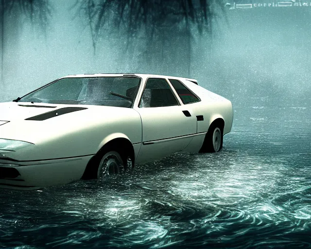 Image similar to white lotus esprit submerged under water, cinematic, photoreal, by red dead redemption 2