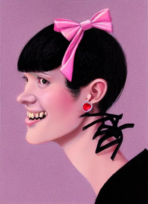 Image similar to portrait of high school girl, realistic, black hair, bangs, half updo hairstyle, pointy nose, skinny, smile, ugly, defined jawline, big chin, pink hair bow, earrings, intricate, elegant, glowing lights, highly detailed, digital painting, artstation, sharp focus, illustration, art by wlop, mars ravelo and greg rutkowski